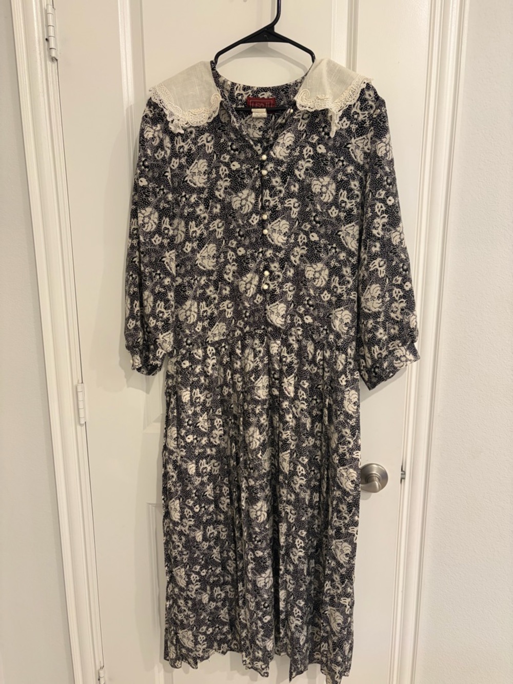 Vintage throw-back Black & White Floral Long Dress with Lace Collar